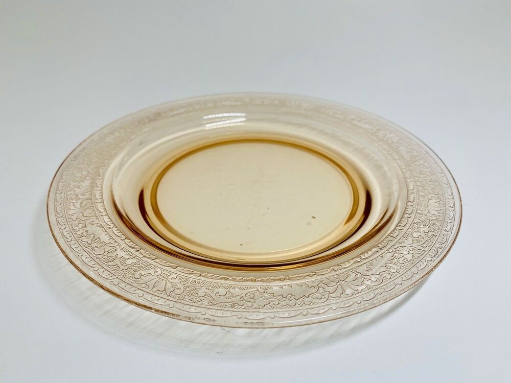 Set of (4) Fostoria Royal Amber Etched 6” Bread Dessert Plates Vintage Glass